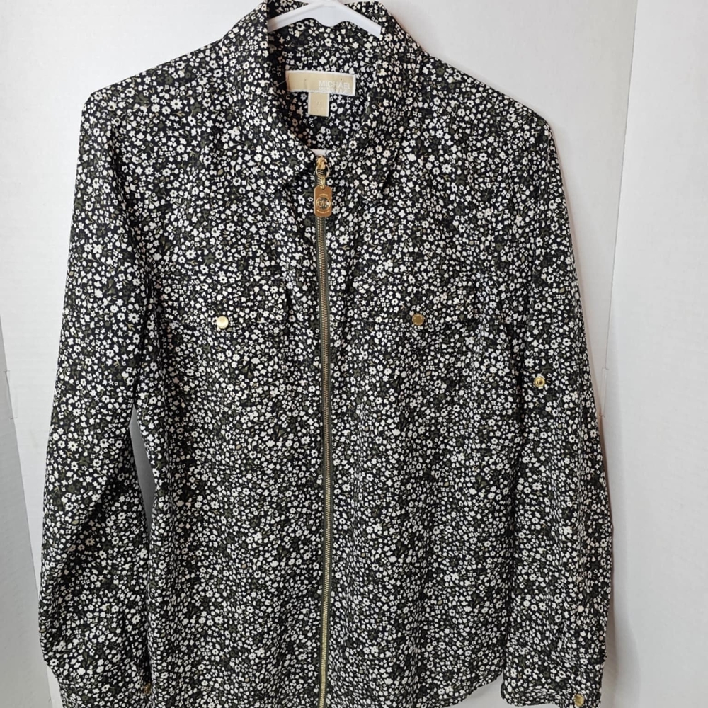 Michael Kors Black Floral Zip-Front Jacket with Gold Hardware